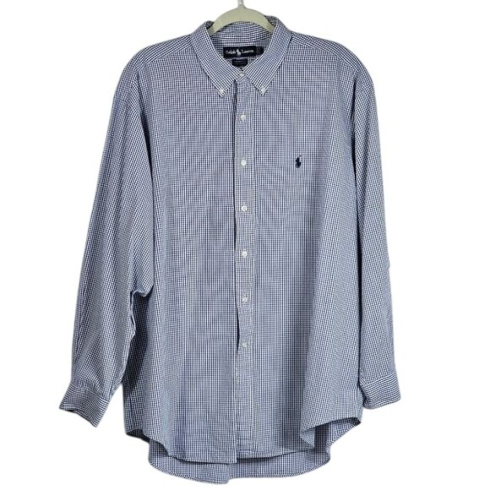Vintage 90s Ralph Lauren Yarmouth Button Down Shirt XL Blue Checked Preppy